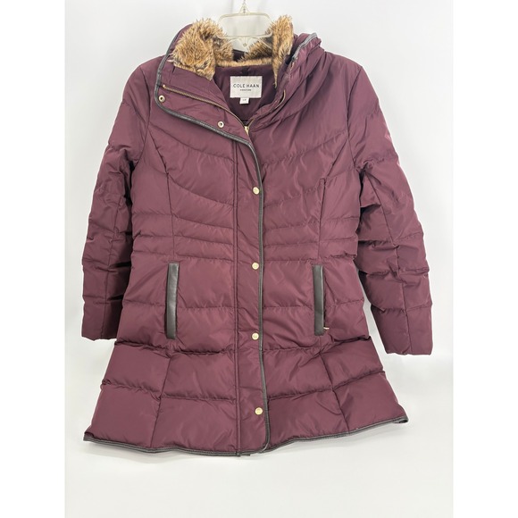 Cole Haan Signature Down Puffer Coat Faux Fur Trim Large L Womens Winter - Picture 1 of 9